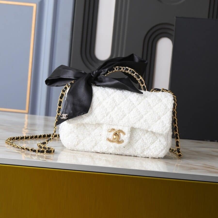 Alternative view of Chanel Mini Flap Bag With Top Handle Velvet Silk And Gold Tone Metal White 20Cm As5875 B22482 Mb103