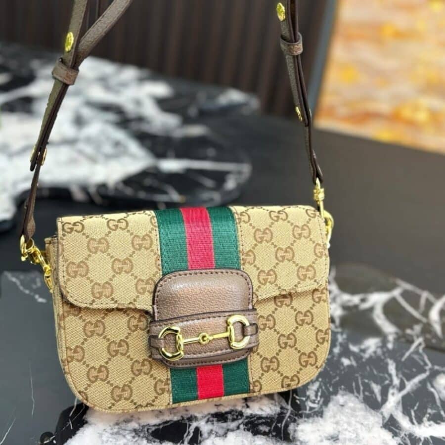 Alternative view of Gucci Horsebit 1955 Small Shoulder Bag Sand And Brown GG Canvas 21cm 866762 FAFV9 9653