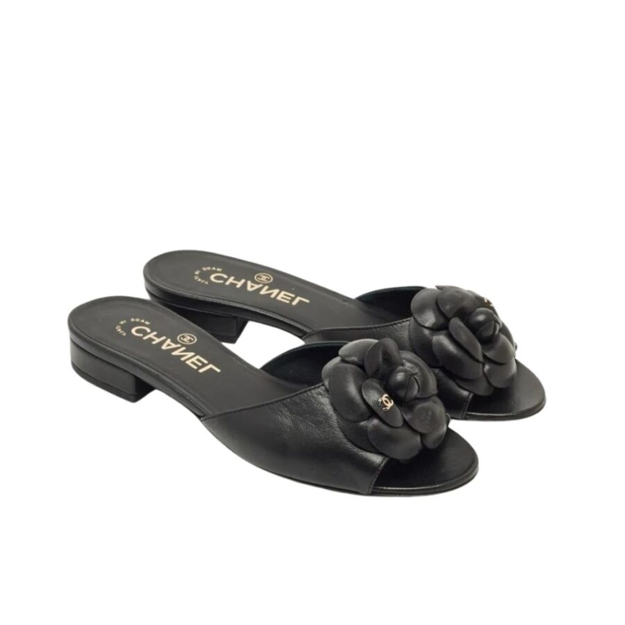 Chanel Camellia Slide Flat Sandals Black