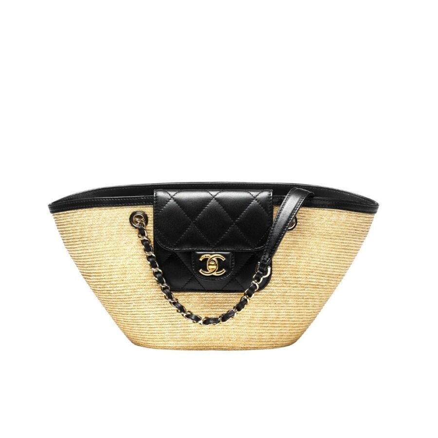 Chanel Small Shopping Bag Braided Straw Beige Black 25Cm